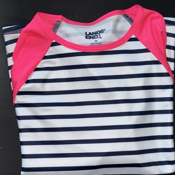 Lands End Girls Size 10 Pink Navy White Long Sleeve Rash Guard Swim Shirt - Picture 7 of 7